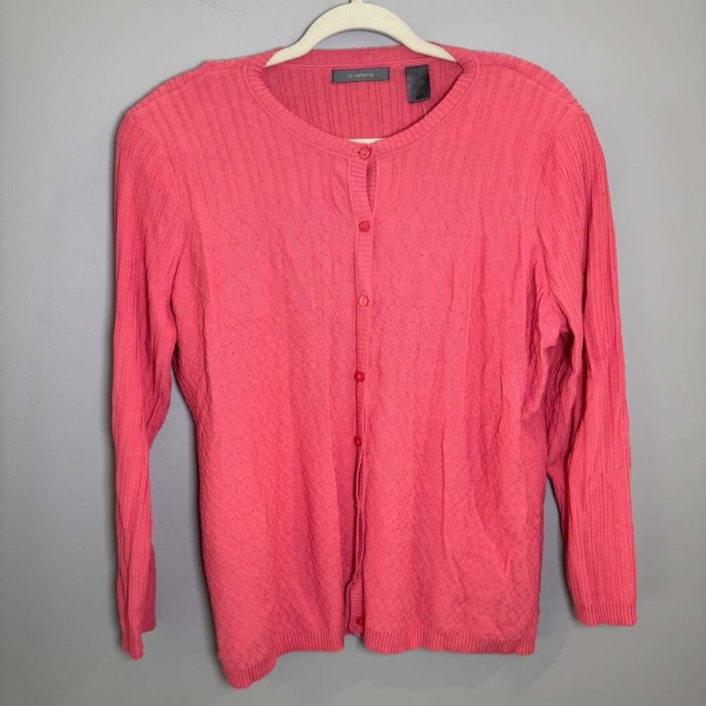 Liz Claiborne Woman Petite Coral Pink Pointelle Button Front Cardigan 1P NEW